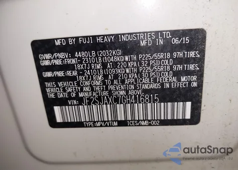 2016 Subaru Forester 2.5I Touring from USA, damaged, VIN JF2SJAXC7GH416815